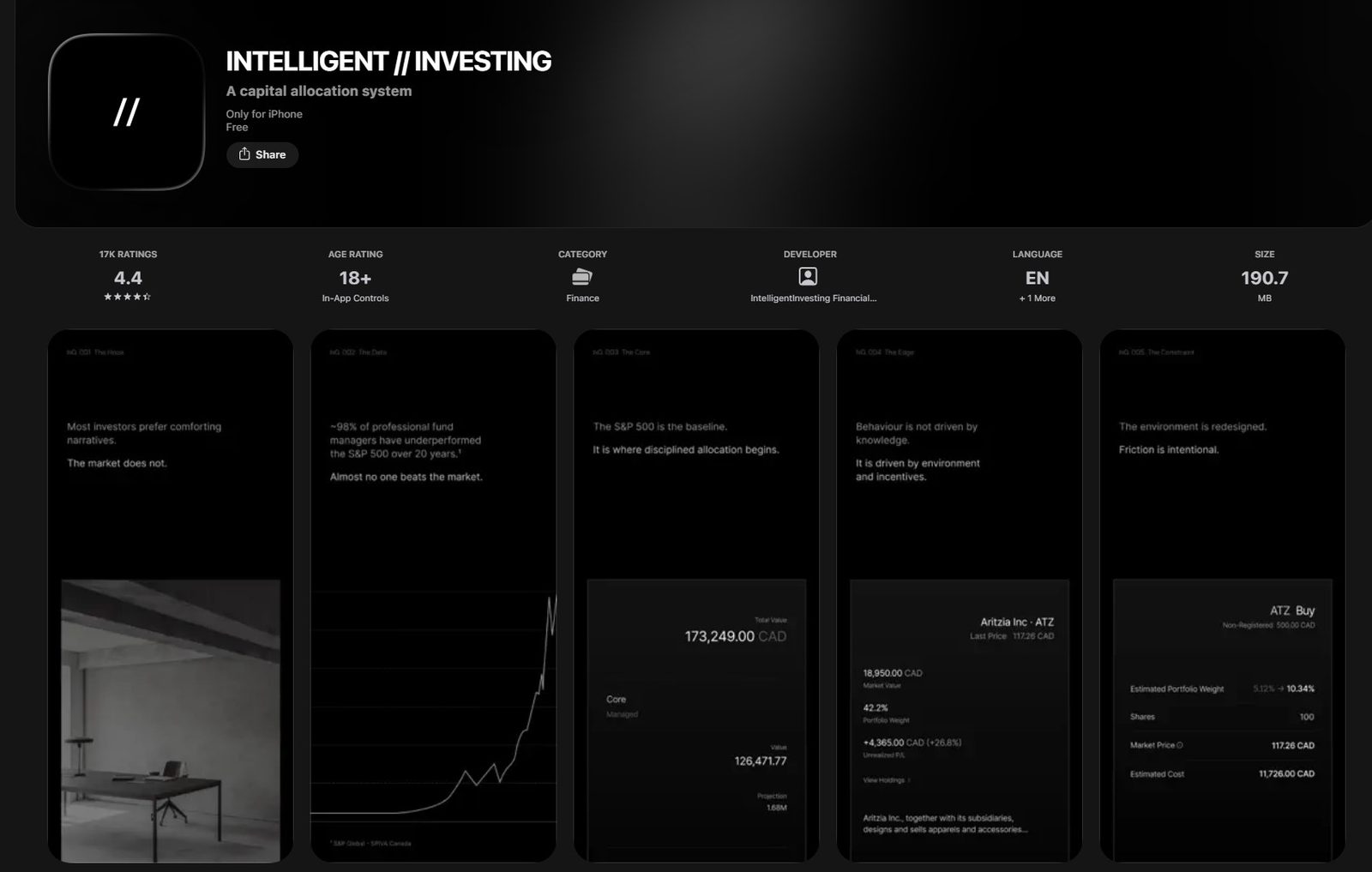 Intelligent Investing — app store screens