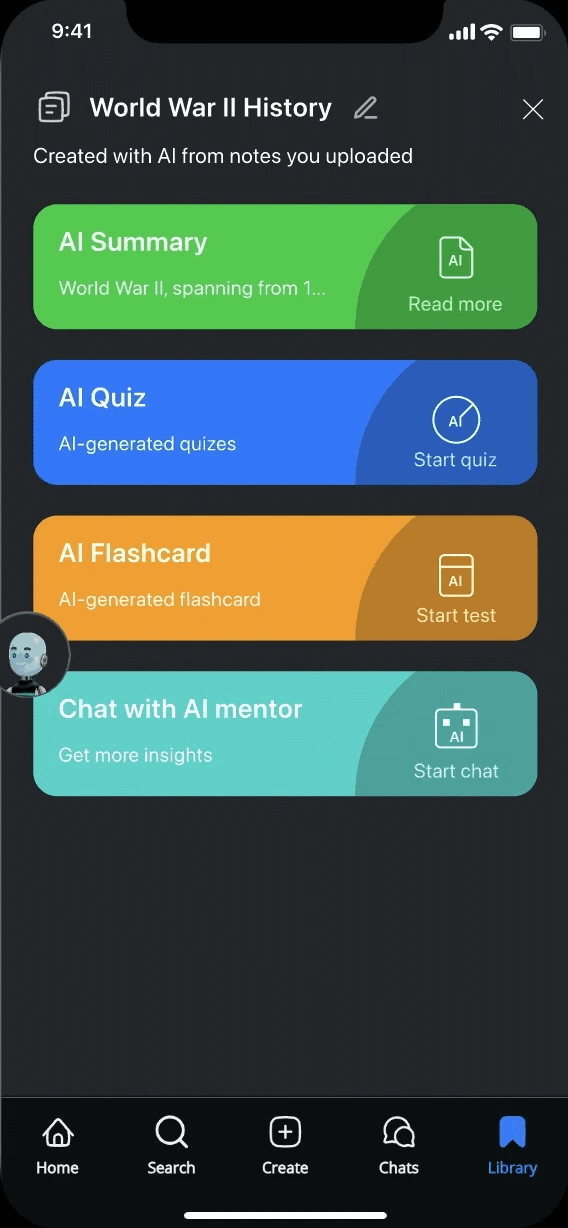 NoteGenius hub — summary, quiz, flashcards, mentor